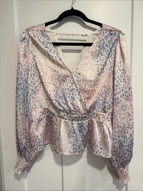 Express Pastel Pink & Light Blue Printed Long Sleeve Peplum Top